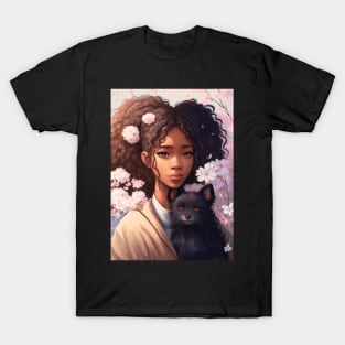 Floral Cute Anime black girl with her cute black dog T-Shirt